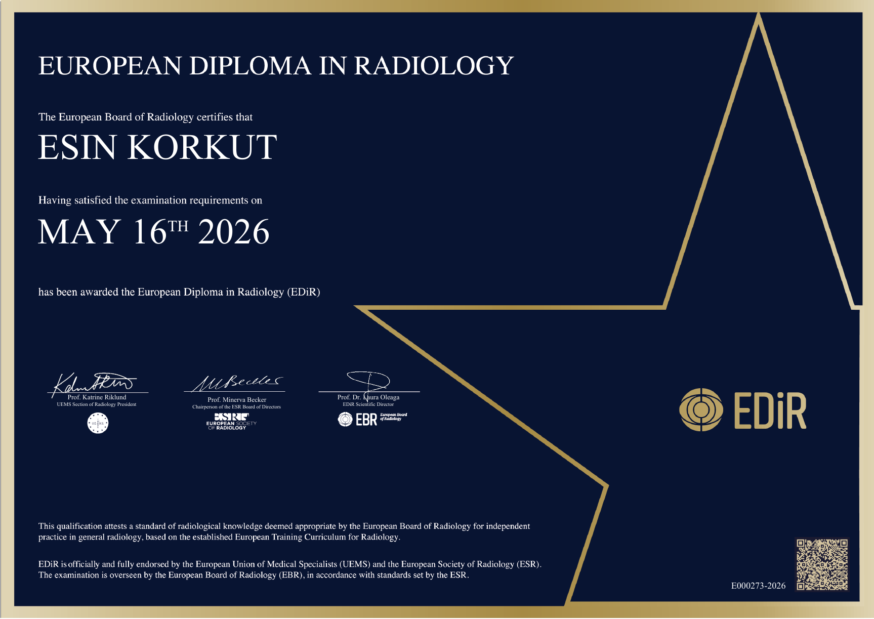 European Diploma in Radiology (EDiR) certificate - Esin Korkut